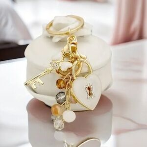 Gold & White Heart Charm Keychain NWT Purse Bag Charm with Beads & Crystal